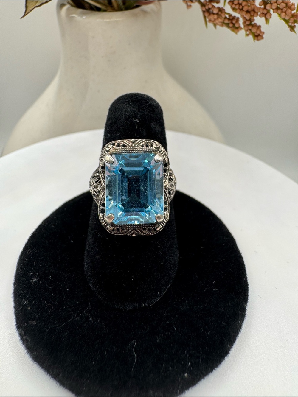 Vintage Sterling Silver Intricate Filigree Emerald Cut Blue Topaz Ring (Size 6)